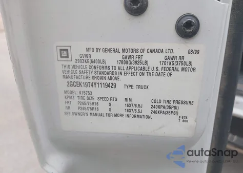 2000 Chevrolet Silverado 1500 Lt из США, поврежденный, VIN 2GCEK19T4Y1119429